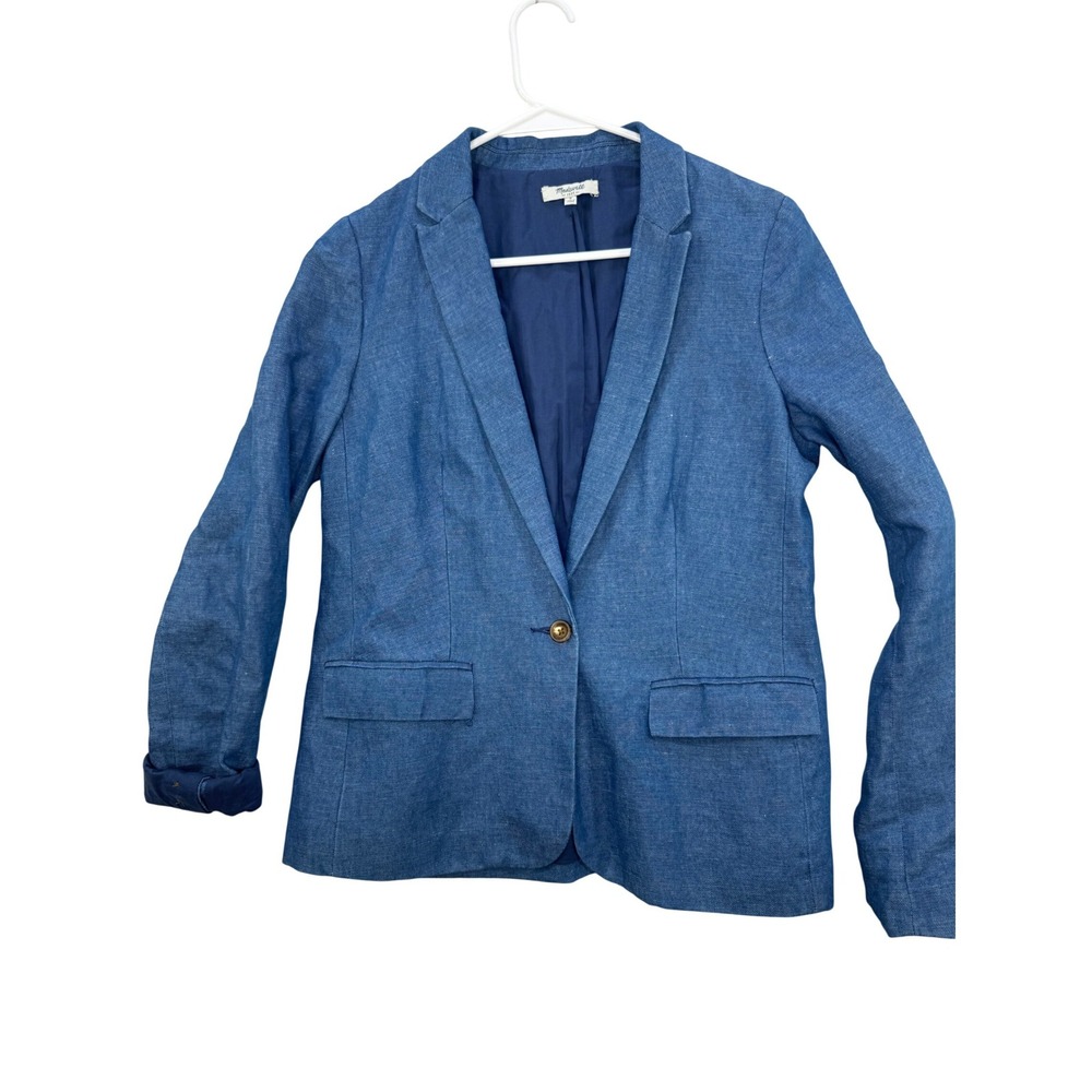 Madewell Blazer Womens 6 Blue Single Button Linen Blend Chambray Preppy Coastal